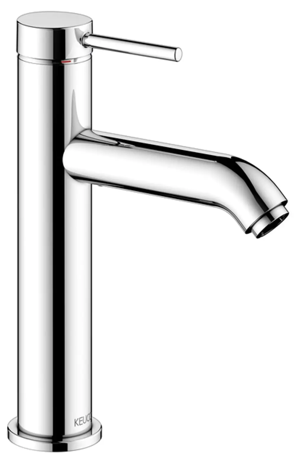 Hochglänzender Waschtischmischer von Keuco mit seitlichem Hebel und elegantem Auslauf, geeignet für moderne Badezimmer.